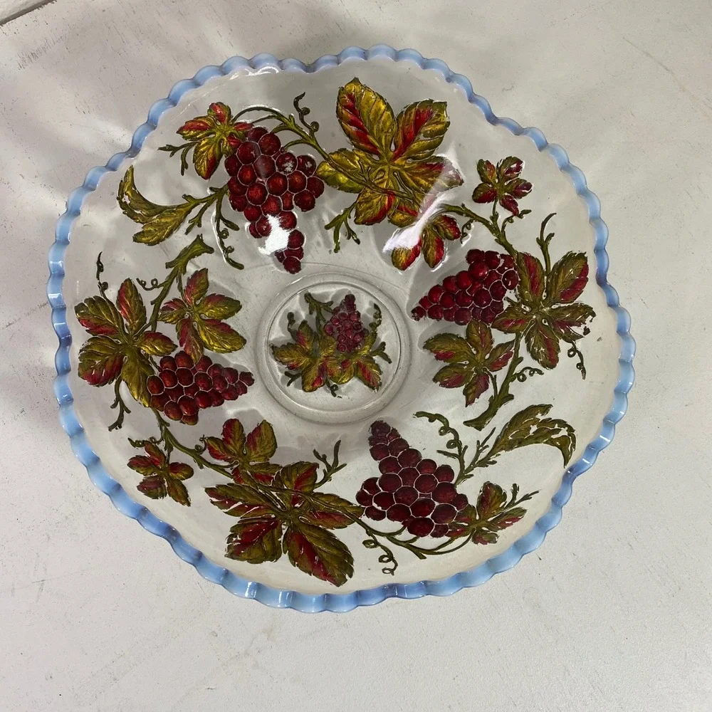 Vintage Dugan Goofus Painted Grape Glass Bowl Milk Glass Scalloped Edge 11